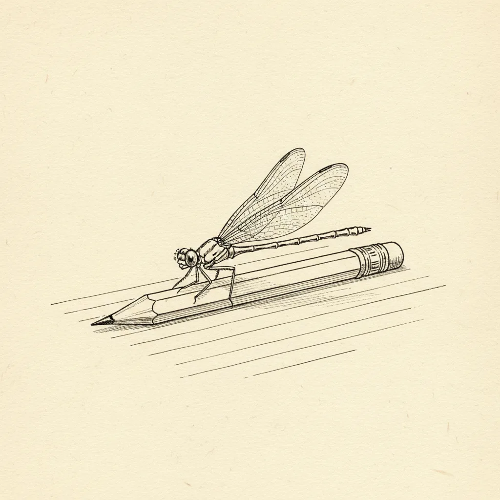 A dragonfly resting briefly on the page.