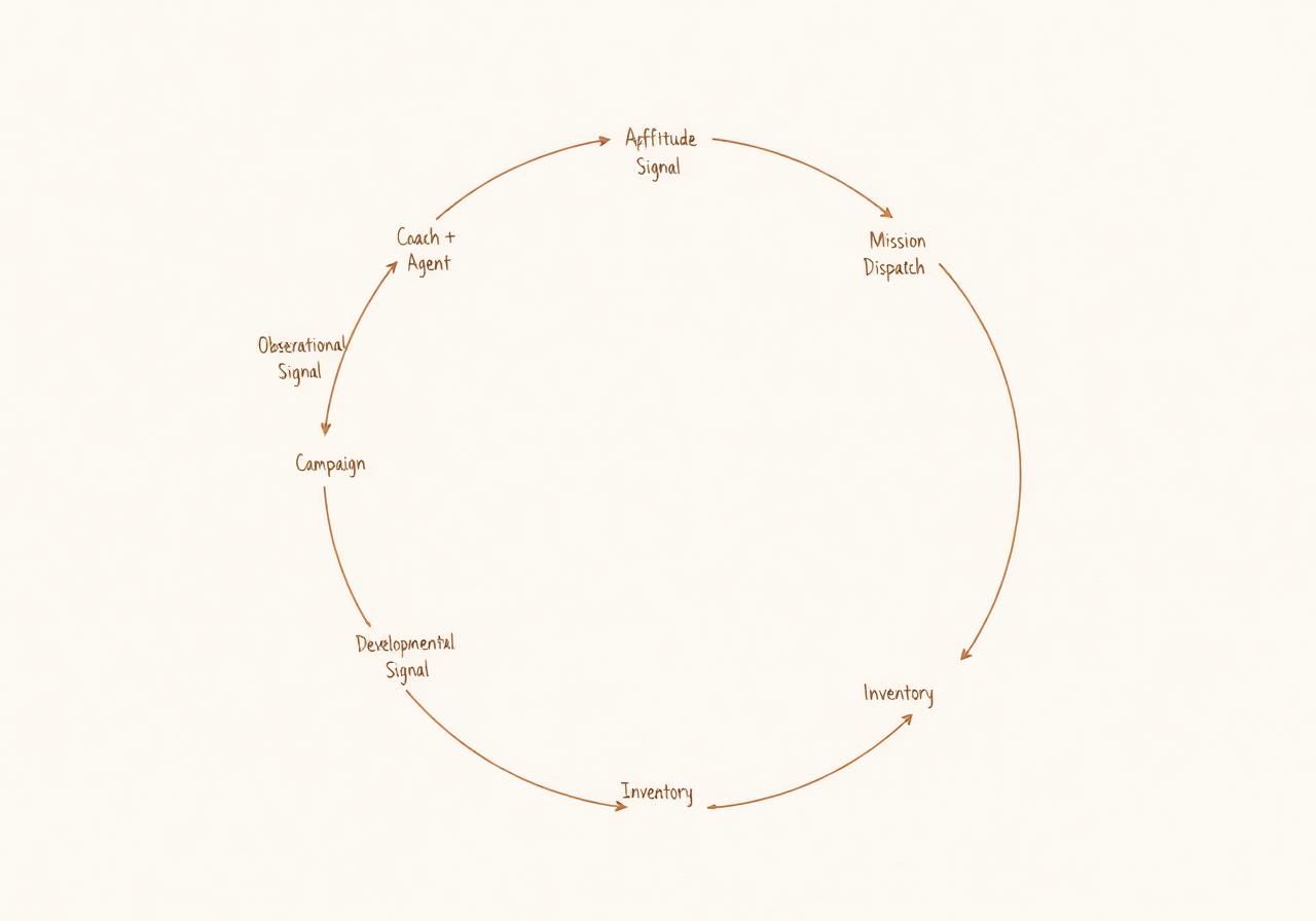 Illustration 1 — The operational loop. A circular diagram showing: Aptitude Map → Developmental Signal → Coach + Agent collaboration → Guild formation → Mission Dispatch generation → Campaign narrative → child's work → observation → map update → loop. The Inventory feeds in from the side. The Privacy Firewall sits between the internal systems and the external AI. Sempé register — minimal ink, the loop drawn as a path rather than a flowchart.