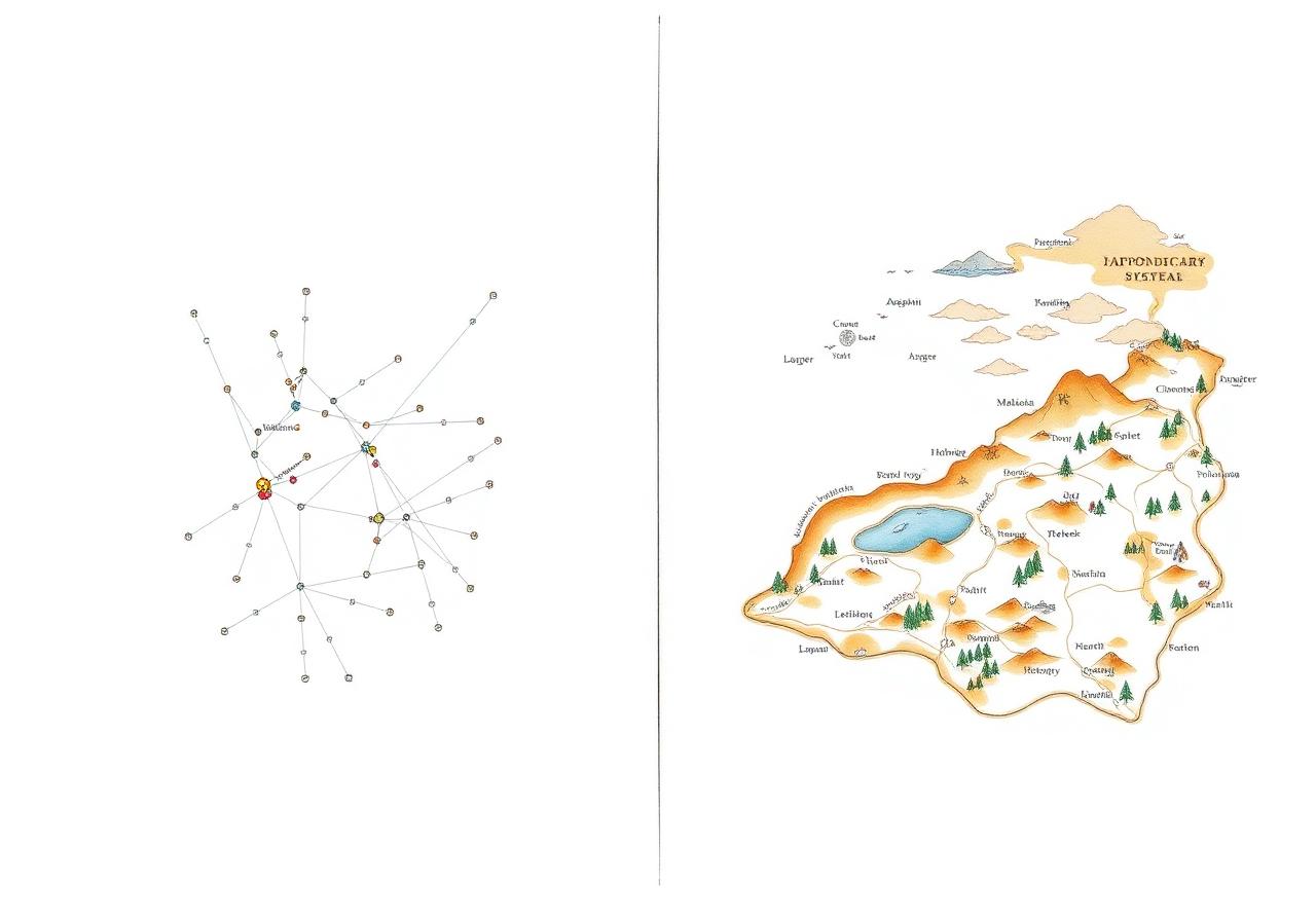 Illustration 2 — The two views side by side. Left: the coach's constellation — nodes, clusters, colour states, analytical. Right: the Adventure Map — an illustrated landscape with named territories, paths, and horizons. Same underlying shape. Completely different visual register. The coach view is precise and clinical. The child view is warm, illustrated, inviting. Sempé register for both — the contrast is the argument.