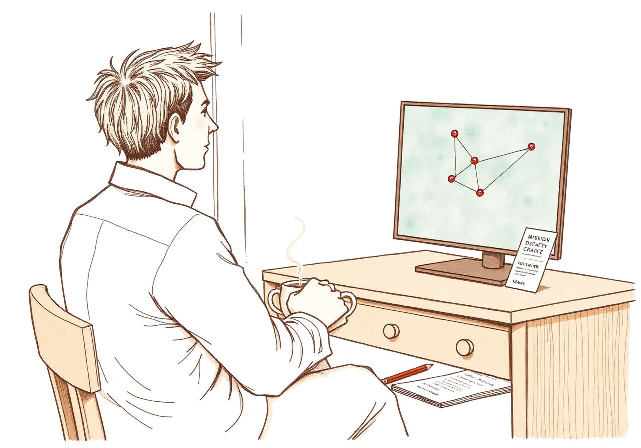 Illustration 3 — The coach at the map dashboard. A figure seated at a desk, looking at a screen showing the constellation view. Three nodes are highlighted — the same node across three different children's maps. Lines connect them, showing the proposed Seminar grouping. On the desk: a cup of tea, a printed Mission Dispatch from yesterday, a pencil. Sempé register — minimal detail, enormous white space, the intimacy of a person thinking carefully about another person's development.