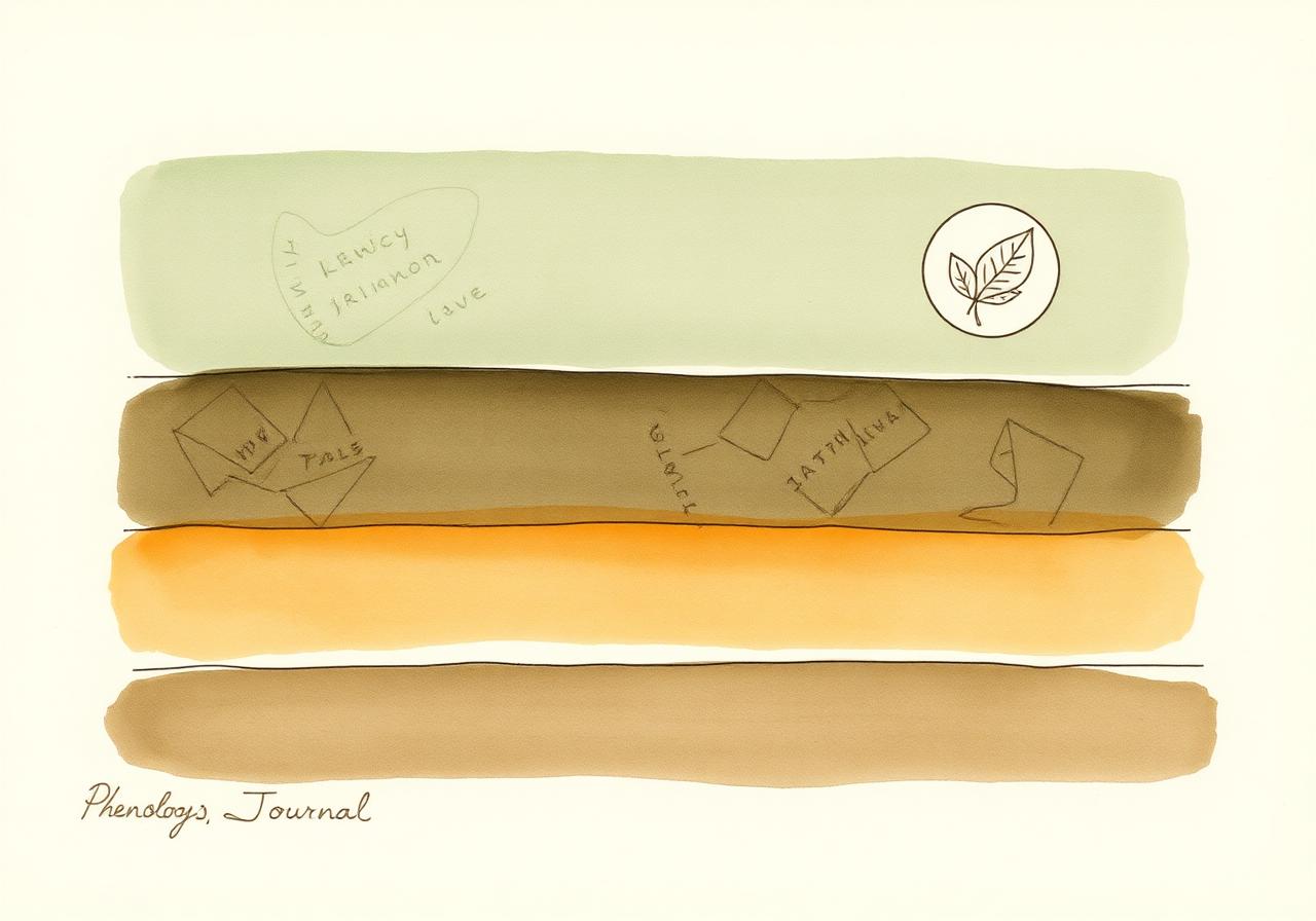 Illustration 4 — The Developmental Signal layers. Three horizontal layers, each drawn with increasing abstraction. Bottom layer: Rhythm Notes — handwritten, textured, intimate. Specific observations with dates. Middle layer: Living Signal Model — patterns emerging, lines connecting observations into themes. Top layer: the Phenology Journal — circular, illustrated, belonging to the child not the system. A visual that shows the movement from raw observation to pattern to the child's own record. Sempé register.