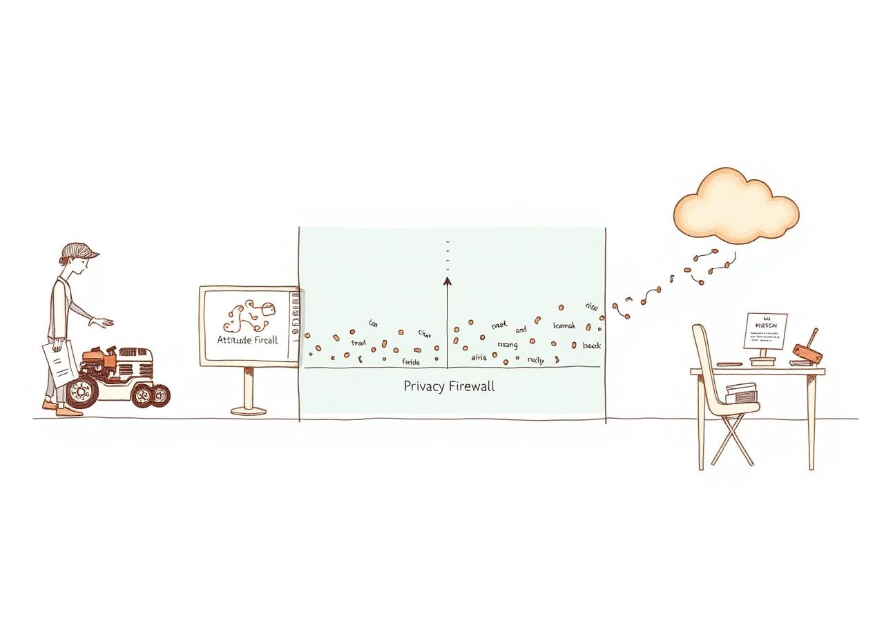 Illustration 5 — The Mission Dispatch generation pipeline. Left side: the coach's inputs — an idea sketch, a lawnmower engine on a desk, an Aptitude Map screen. Centre: the Privacy Firewall — a clean boundary, tokens flowing through, names stopped. Right side: the AI generating the dispatch. Far right: a printed Mission Dispatch card landing on a child's desk. The firewall is the visual centre of the illustration — the thing the eye goes to. Sempé register.