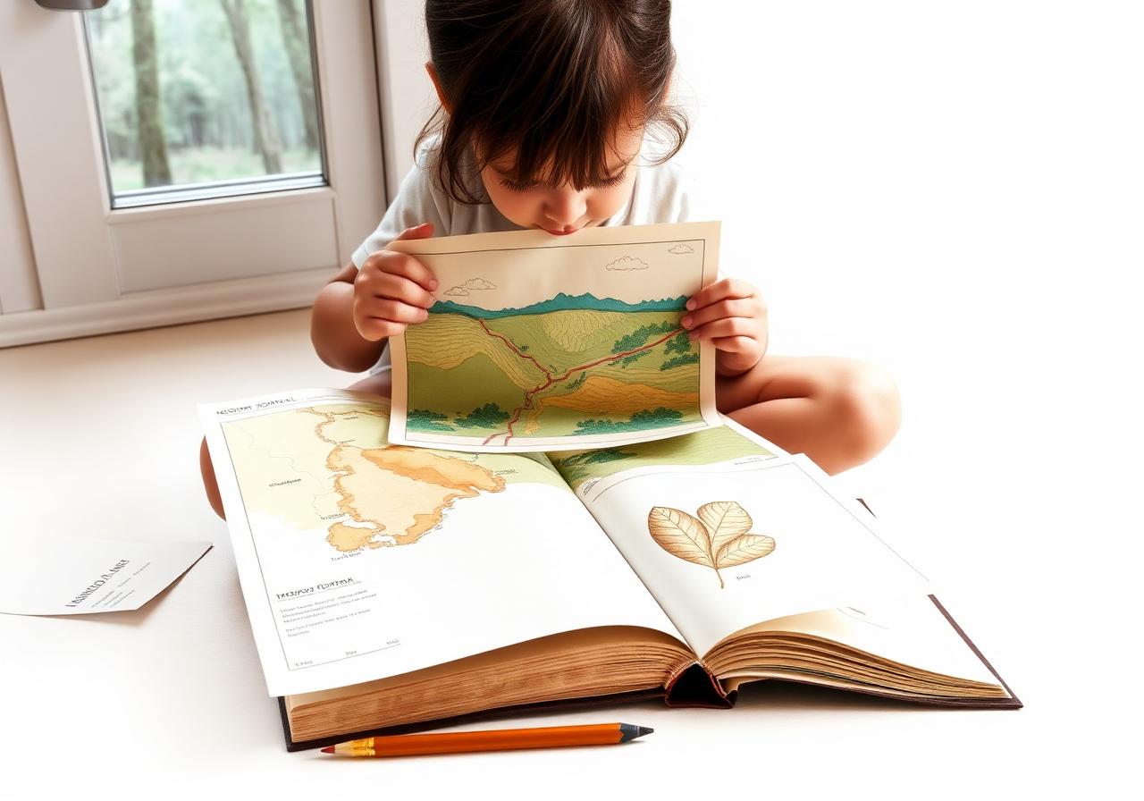 Illustration 6 — Sena with her Adventure Map. A child seated cross-legged, holding an illustrated map — not a screen but a printed, colourful landscape. She is tracing a path with her finger. Behind her, the forest is visible through a window. On the floor beside her: a completed Mission Dispatch, a pencil, a Phenology Journal open to a half-finished illustration of a leaf. Sempé register — the intimacy of a child absorbed in something that matters to them.