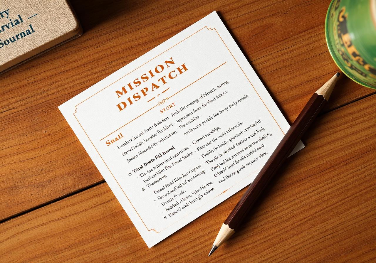 Illustration 7 — The printed Mission Dispatch arriving on a desk. A close-up: a single printed card, illustrated with Campaign artwork, lying on a wooden desk. Tasks written in story language. A pencil beside it. No screen visible. The card looks like a page from a storybook, not a worksheet. Sempé register — the warmth of a physical object designed with care.